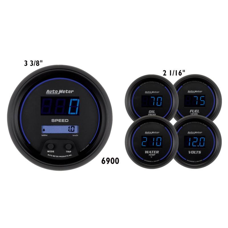 AutoMeter - AutoMeter GAUGE KIT, 5 PC, 3 3/8" & 2 1/16" , ELEC SPEEDOMETER, DIGITAL, BLK W/ BLUE LED 6900