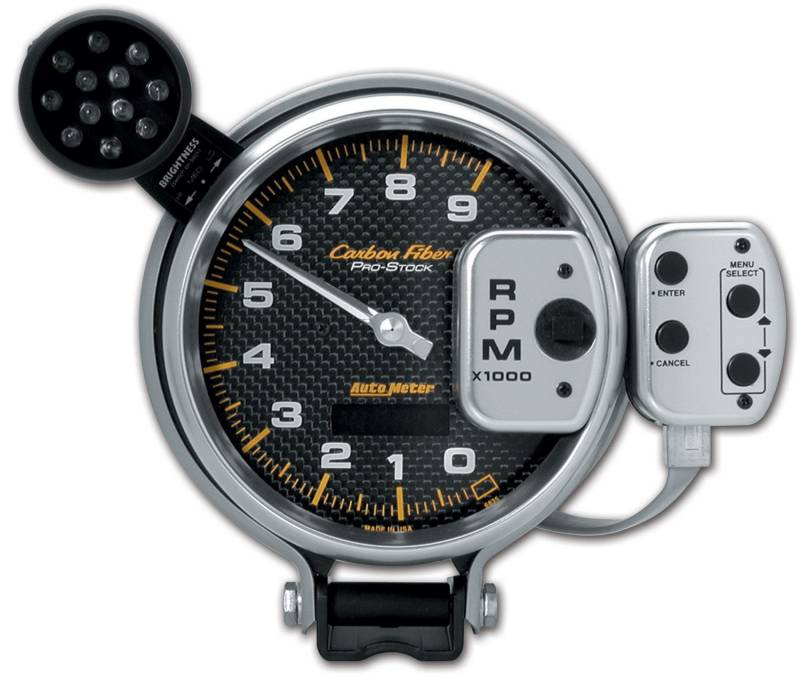 AutoMeter - AutoMeter GAUGE, TACH, 5", 9K RPM, PRO-STOCK PEDESTAL W/ SUPER LITE & PK MEM, CARBON FIBER 6835