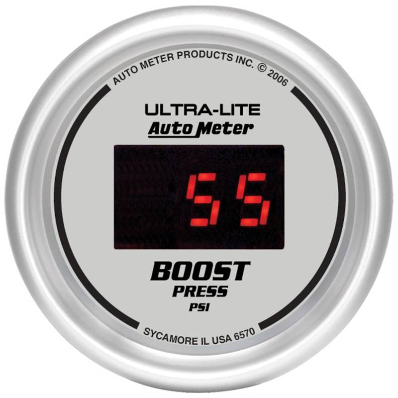 AutoMeter - AutoMeter GAUGE, BOOST, 2 1/16" , 60PSI, DIGITAL, SILVER DIAL W/ RED LED 6570