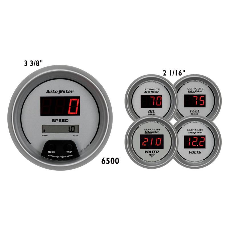 AutoMeter - AutoMeter GAUGE KIT, 5 PC., 3 3/8" & 2 1/16" , ELEC. SPEEDO., DIGITAL, SILVER W/ RED LED 6500