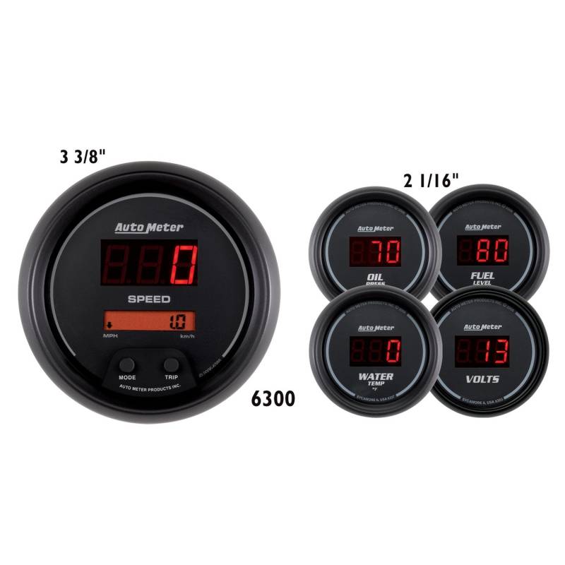 AutoMeter - AutoMeter GAUGE KIT, 5 PC., 3 3/8" & 2 1/16" , ELEC SPEEDO, DIGITAL, BLACK DIAL W/ RED LED 6300