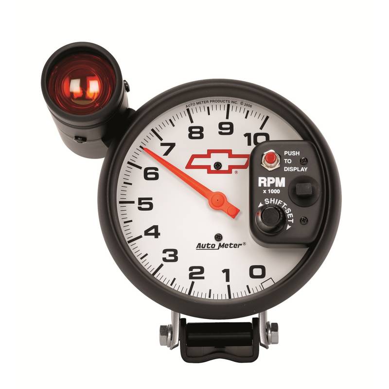 AutoMeter - AutoMeter GAUGE, TACH, 5" , 10K RPM, PEDESTAL W/ EXT. SHIFT-LITE, GM BOWTIE WHITE 5899-00406