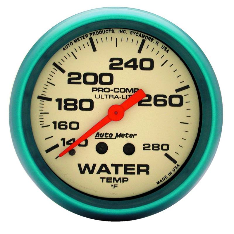 AutoMeter - AutoMeter GAUGE,WATER TEMP,2 5/8",140-280 Degrees F,MECH.,4FT.,GLOW IN DARK,ULTRA-NITE 4535