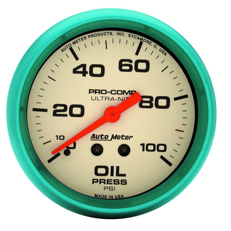 AutoMeter - AutoMeter GAUGE, OIL PRESS, 2 5/8" , 100PSI, MECH., GLOW IN THE DARK, ULTRA-NITE 4521