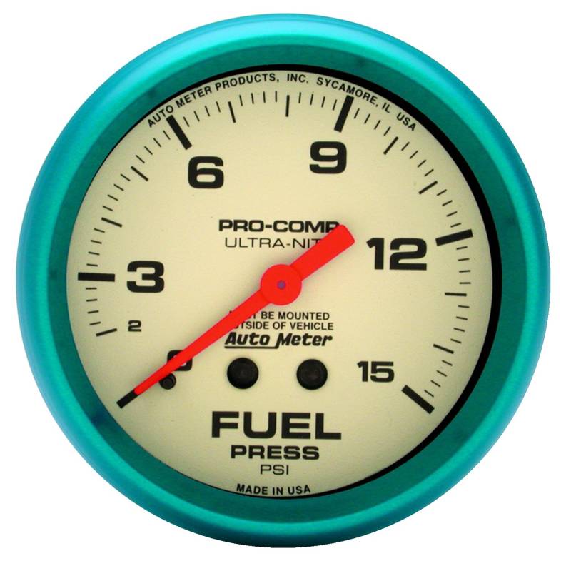 AutoMeter - AutoMeter GAUGE, FUEL PRESS, 2 5/8" , 15PSI, MECH., GLOW IN THE DARK, ULTRA-NITE 4511