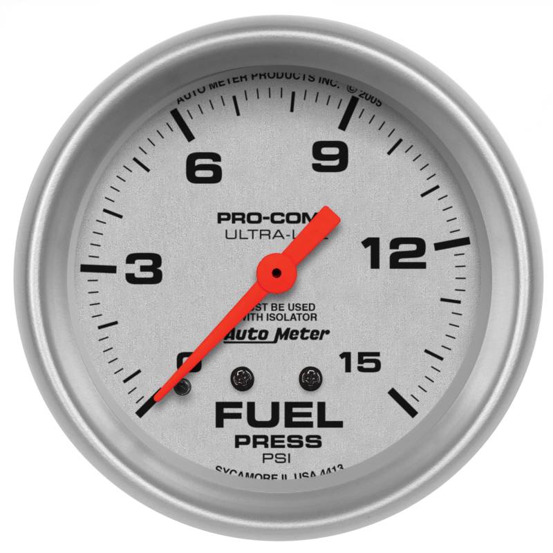 AutoMeter - AutoMeter GAUGE, FUEL PRESSURE, 2 5/8" , 15PSI, MECHANICAL W/ISOLATOR, ULTRA-LITE 4413