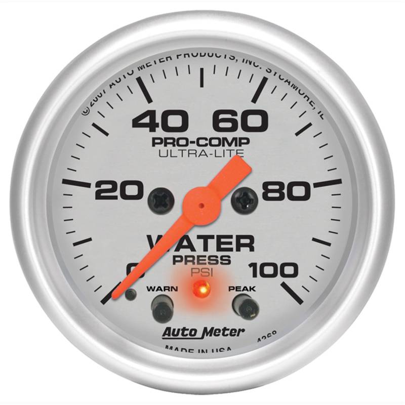 AutoMeter - AutoMeter GAUGE, WATER PRESS, 2 1/16" , 100PSI, STEPPER MOTOR W/PEAK & WARN, ULTRA-LITE 4368