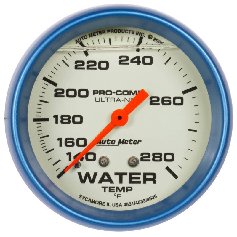 AutoMeter - AutoMeter GAUGE,WTEMP,2 5/8",140-280 Degrees F,LIQUID FILLED MECH,GLOW IN DARK,ULTRA-NITE 4231