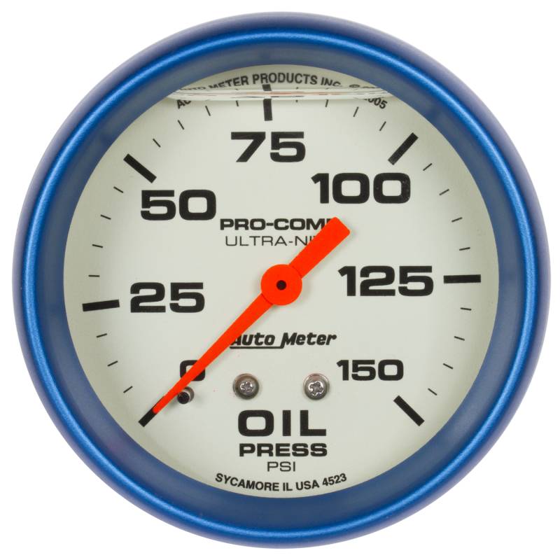 AutoMeter - AutoMeter GAUGE, OIL PRESS, 2 5/8" , 150PSI, LIQUID FILLED MECH, GLOW IN DARK, ULTRA-NITE 4223