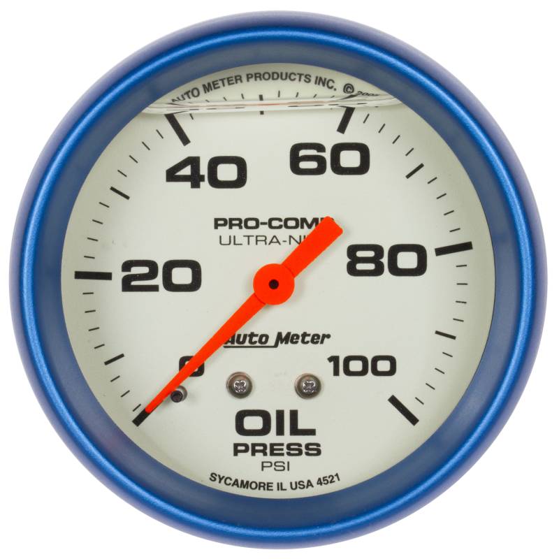 AutoMeter - AutoMeter GAUGE, OIL PRESS, 2 5/8" , 100PSI, LIQUID FILLED MECH, GLOW IN DARK, ULTRA-NITE 4221