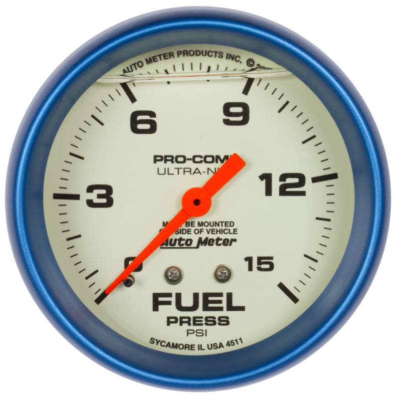 AutoMeter - AutoMeter GAUGE, FUEL PRESS, 2 5/8" , 15PSI, LIQUID FILLED MECH, GLOW IN DARK, ULTRA-NITE 4211