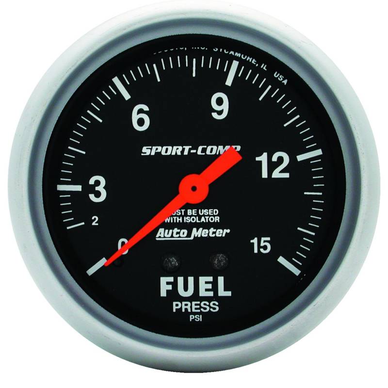 AutoMeter - AutoMeter GAUGE, FUEL PRESSURE, 2 5/8" , 15PSI, MECHANICAL W/ISOLATOR, SPORT-COMP 3413