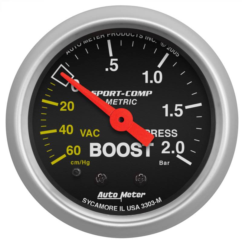 AutoMeter - AutoMeter GAUGE, VAC/BOOST, 2 1/16" , 60CMHG - 2.0BAR, MECHANICAL, SPORT-COMP 3303-M