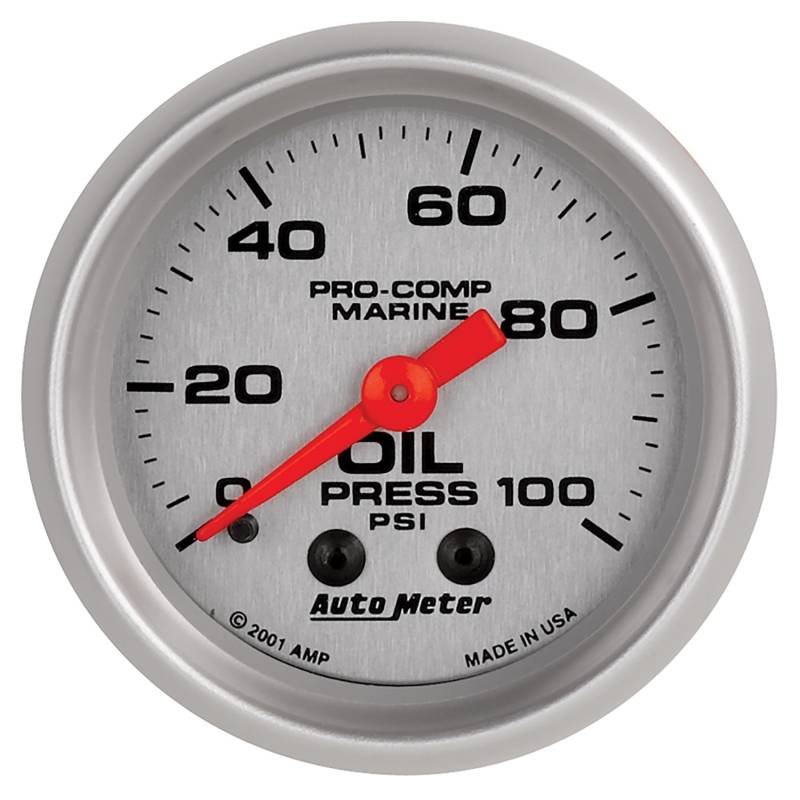 AutoMeter - AutoMeter GAUGE, OIL PRESSURE, 2 1/16" , 100PSI, MECHANICAL, MARINE SILVER 200790-33