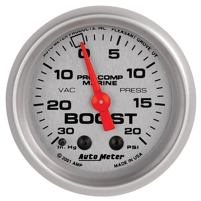 AutoMeter - AutoMeter GAUGE, VAC/BOOST, 2 1/16" , 30INHG-20PSI, MECHANICAL, MARINE SILVER 200774-33