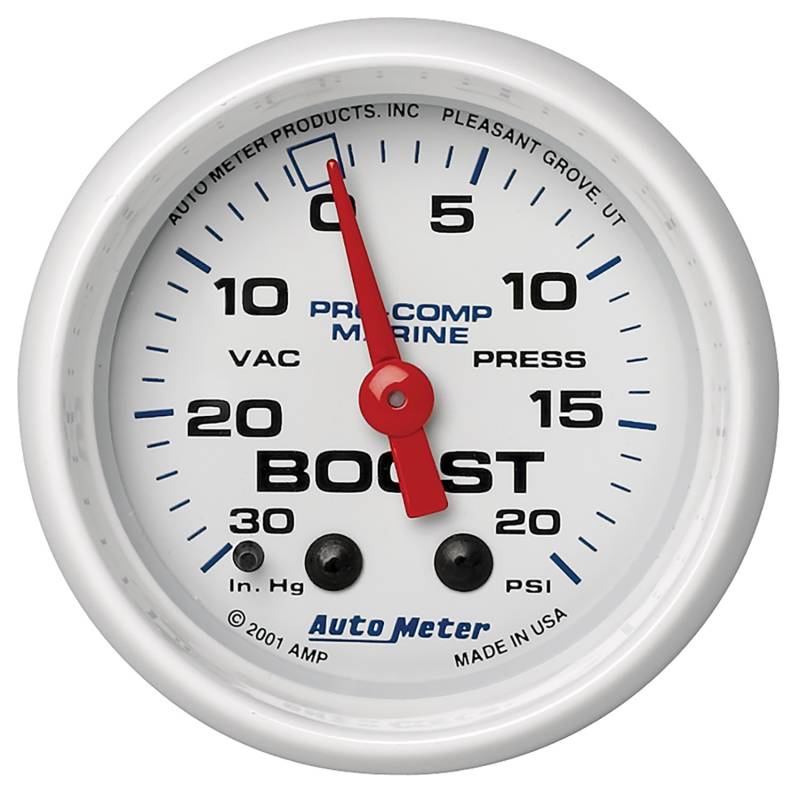 AutoMeter - AutoMeter GAUGE, VAC/BOOST, 2 1/16" , 30INHG-20PSI, MECHANICAL, MARINE WHITE 200774