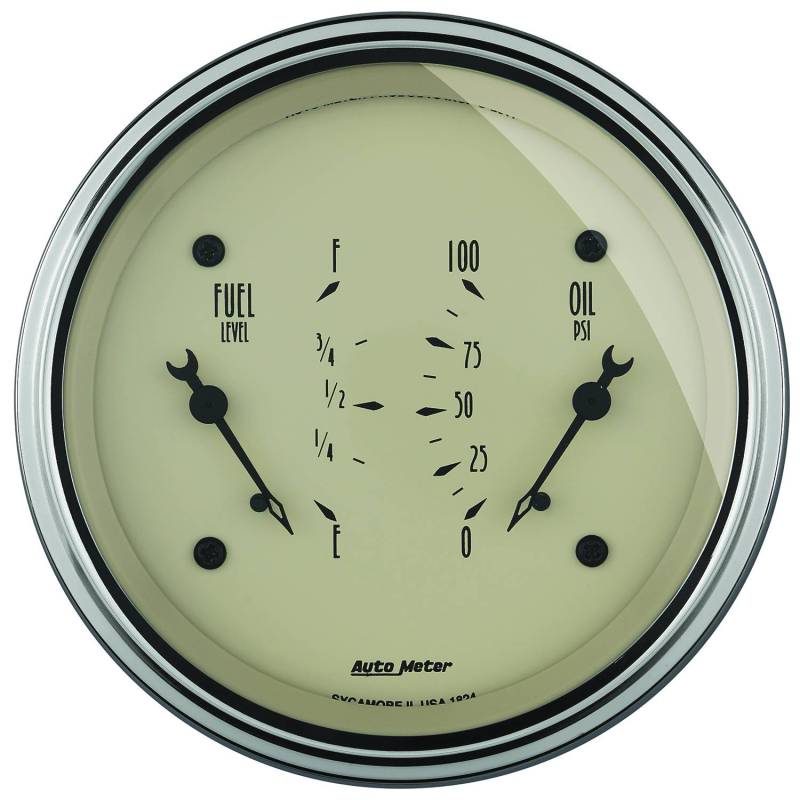 AutoMeter - AutoMeter GAUGE, DUAL, FUEL & OILP, 3 3/8" , 0OE-90OF & 100PSI, ELEC, ANTQ BEIGE 1824