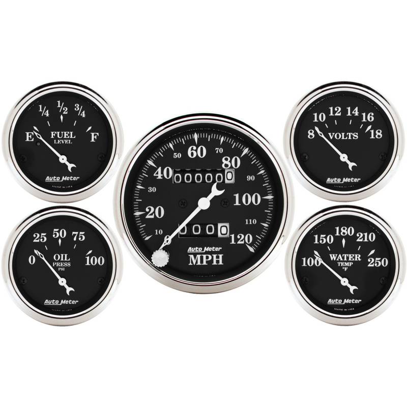 AutoMeter - AutoMeter GAUGE KIT, 5 PC., 3 1/8" & 2 1/16" , MECH. SPEEDOMETER, OLD TYME BLACK 1708