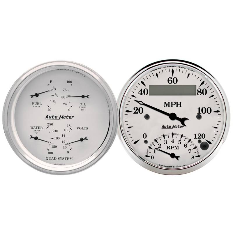 AutoMeter - AutoMeter GAUGE KIT, 2 PC., QUAD & TACH/SPEEDO, 3 3/8" , OLD TYME WHITE 1620