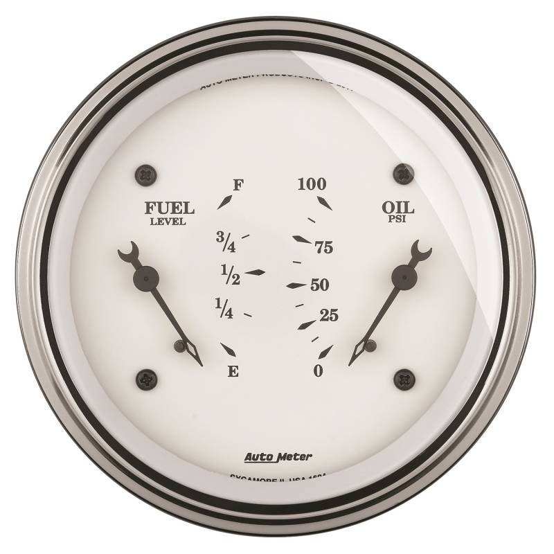 AutoMeter - AutoMeter GAUGE, DUAL, FUEL & OILP, 3 3/8" , 240OE-33OF & 100PSI, ELEC, OLD TYME WHT 1613