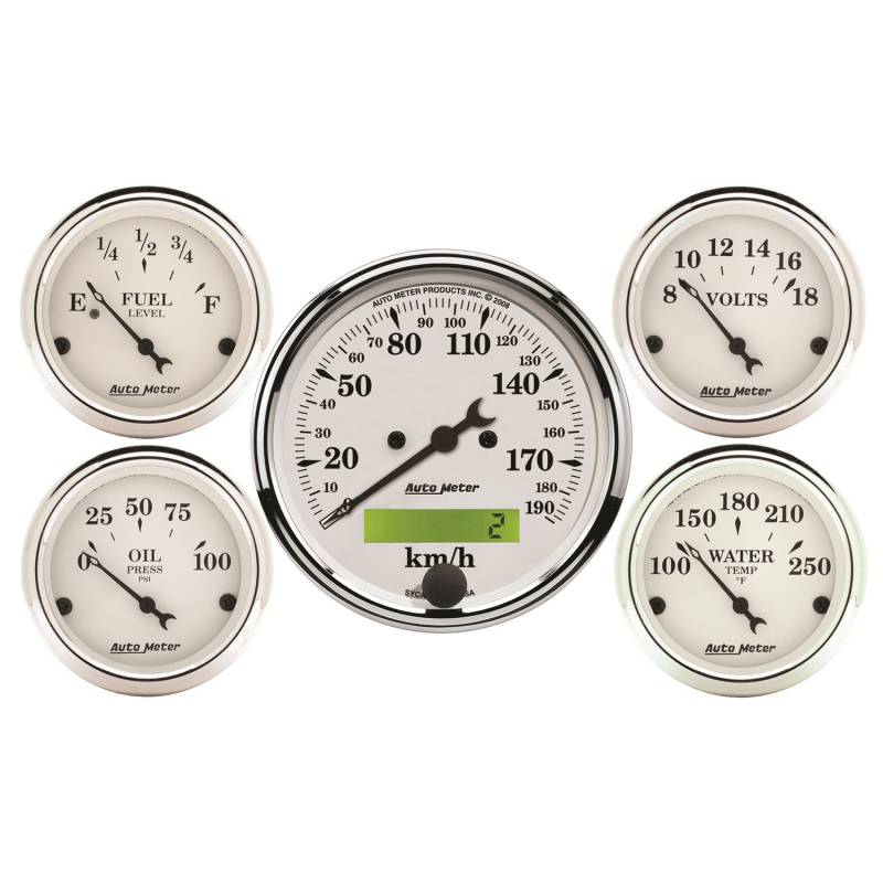 AutoMeter - AutoMeter GAUGE KIT, 5 PC., 3 1/8" & 2 1/16" , ELEC. KM/H SPEEDOMETER, OLD TYME WHITE 1602-M