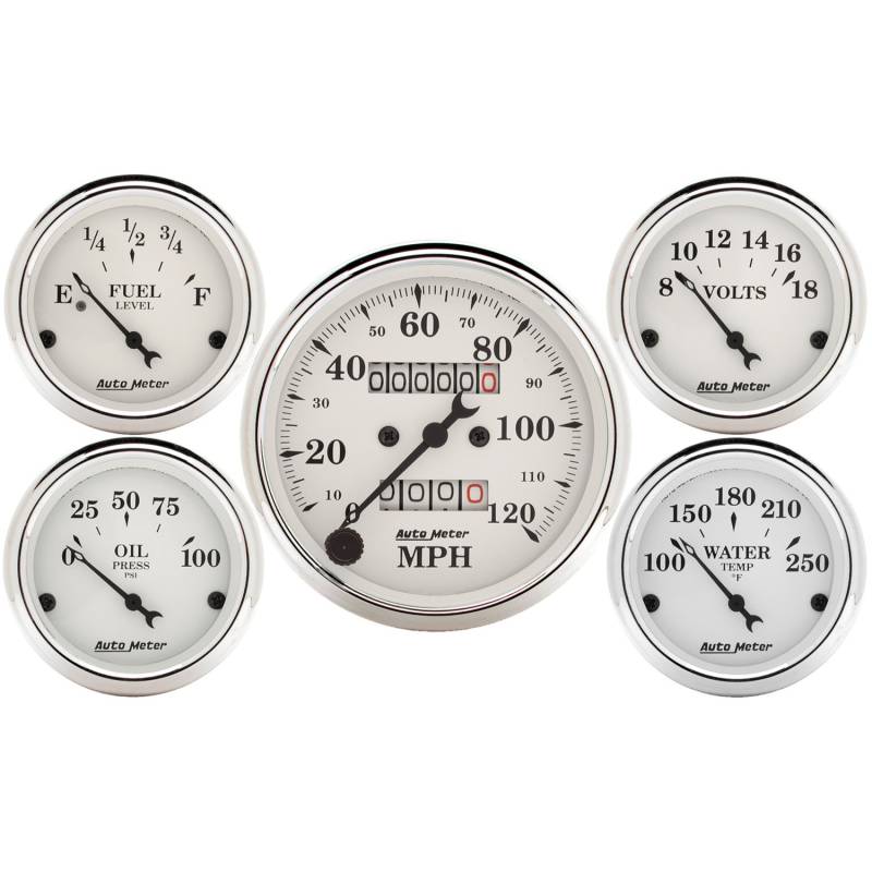 AutoMeter - AutoMeter GAUGE KIT, 5 PC., 3 1/8" & 2 1/16" , MECH. SPEEDOMETER, OLD TYME WHITE 1601