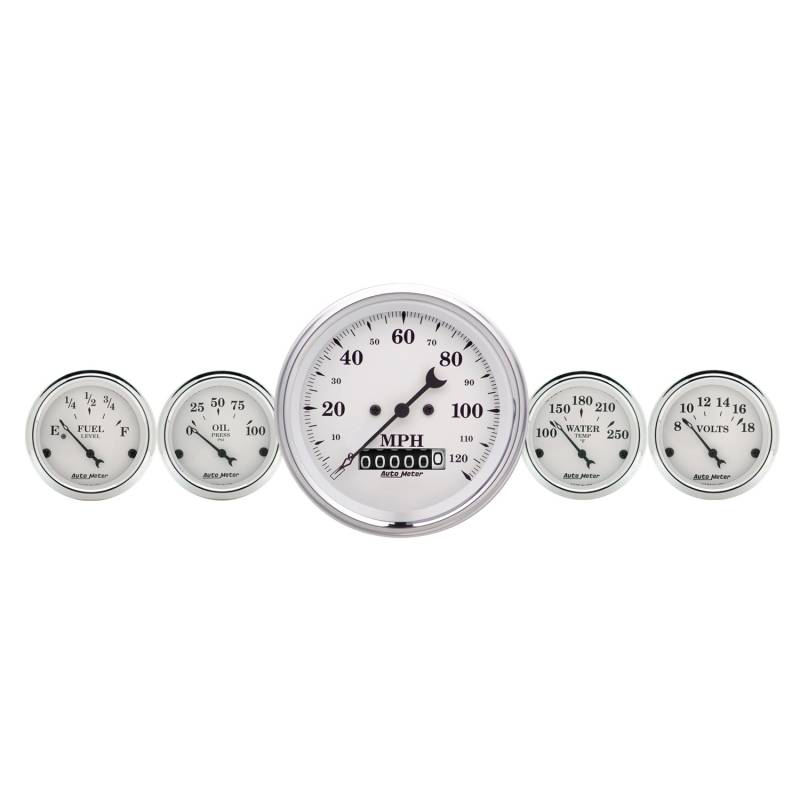 AutoMeter - AutoMeter GAUGE KIT, 2 PC., QUAD & SPEEDOMETER, 3 3/8" , OLD TYME WHITE 1600