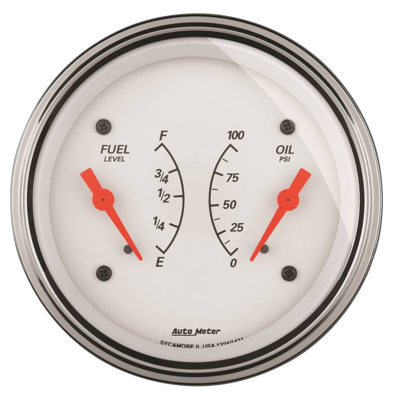 AutoMeter - AutoMeter GAUGE, DUAL, FUEL & OILP, 3 3/8" , 0OE-90OF & 100PSI, ELEC, ARCTIC WHITE 1324