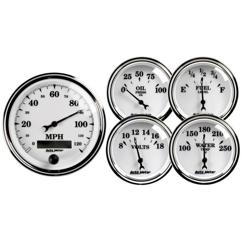 AutoMeter - AutoMeter GAUGE KIT, 5 PC., 3 3/8" & 2 1/16" , ELEC. SPEEDOMETER, OLD TYME WHITE II 1200