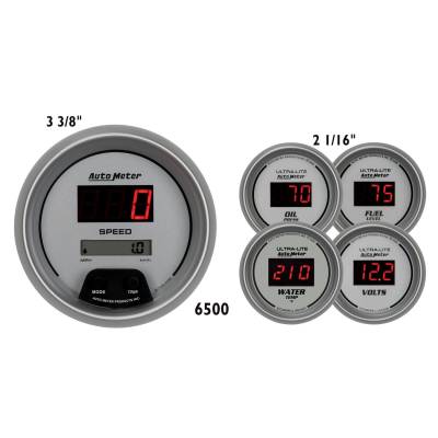 AutoMeter GAUGE KIT, 5 PC., 3 3/8" & 2 1/16" , ELEC. SPEEDO., DIGITAL, SILVER W/ RED LED 6500