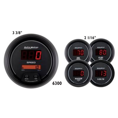 AutoMeter GAUGE KIT, 5 PC., 3 3/8" & 2 1/16" , ELEC SPEEDO, DIGITAL, BLACK DIAL W/ RED LED 6300