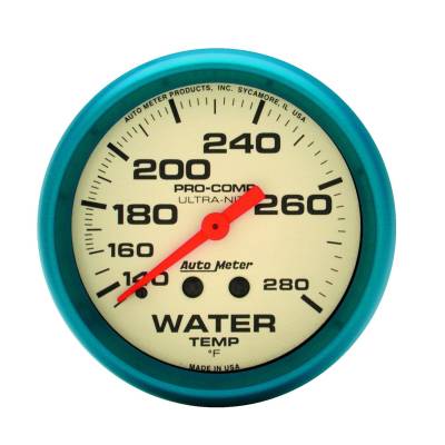 AutoMeter GAUGE,WATER TEMP,2 5/8",140-280 Degrees F,MECH.,GLOW IN THE DARK,ULTRA-NITE 4531