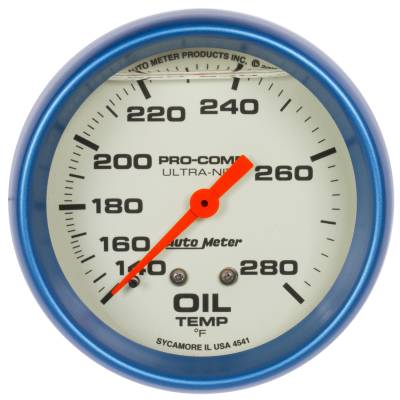 AutoMeter GAUGE,OIL TEMP,2 5/8",140-280 Deg. F,LIQUID FILLED MECH,GLOW IN DARK,ULTRA-NITE 4241