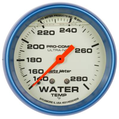 AutoMeter GAUGE,WTEMP,2 5/8",140-280 Degrees F,LIQ FILLD MECH,4FT.,GLOW IN DARK,ULTRA-NITE 4235