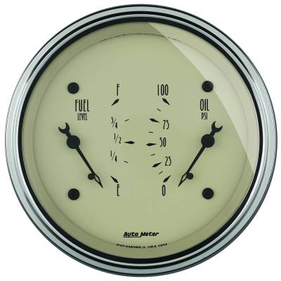 AutoMeter GAUGE, DUAL, FUEL & OILP, 3 3/8" , 0OE-90OF & 100PSI, ELEC, ANTQ BEIGE 1824