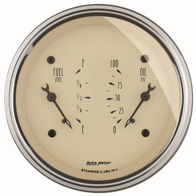 AutoMeter GAUGE, DUAL, FUEL & OILP, 3 3/8" , 240OE-33OF & 100PSI, ELEC, ANTQ BEIGE 1813