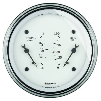 AutoMeter GAUGE, DUAL, FUEL & OILP, 3 3/8" , 0OE-90OF & 100PSI, ELEC, OLD TYME WHITE 1624