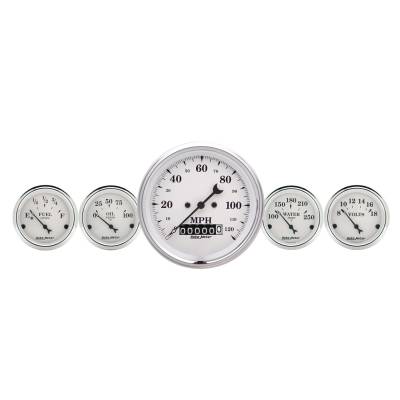 AutoMeter GAUGE KIT, 2 PC., QUAD & SPEEDOMETER, 3 3/8" , OLD TYME WHITE 1600