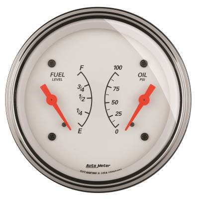 AutoMeter GAUGE, DUAL, FUEL & OILP, 3 3/8" , 240OE-33OF & 100PSI, ELEC, ARCTIC WHITE 1313