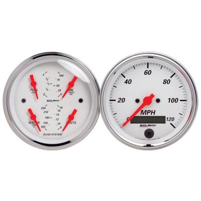 AutoMeter GAUGE KIT, 2 PC., QUAD & SPEEDOMETER, 3 3/8" , ARCTIC WHITE 1308