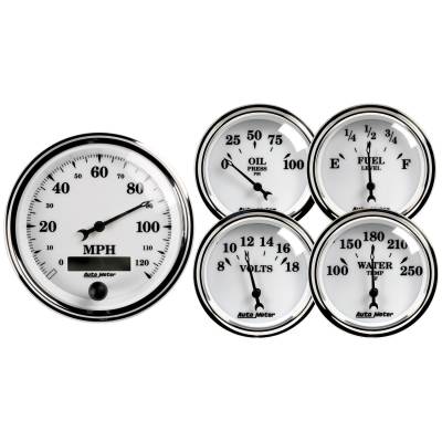 AutoMeter GAUGE KIT, 5 PC., 3 3/8" & 2 1/16" , ELEC. SPEEDOMETER, OLD TYME WHITE II 1200